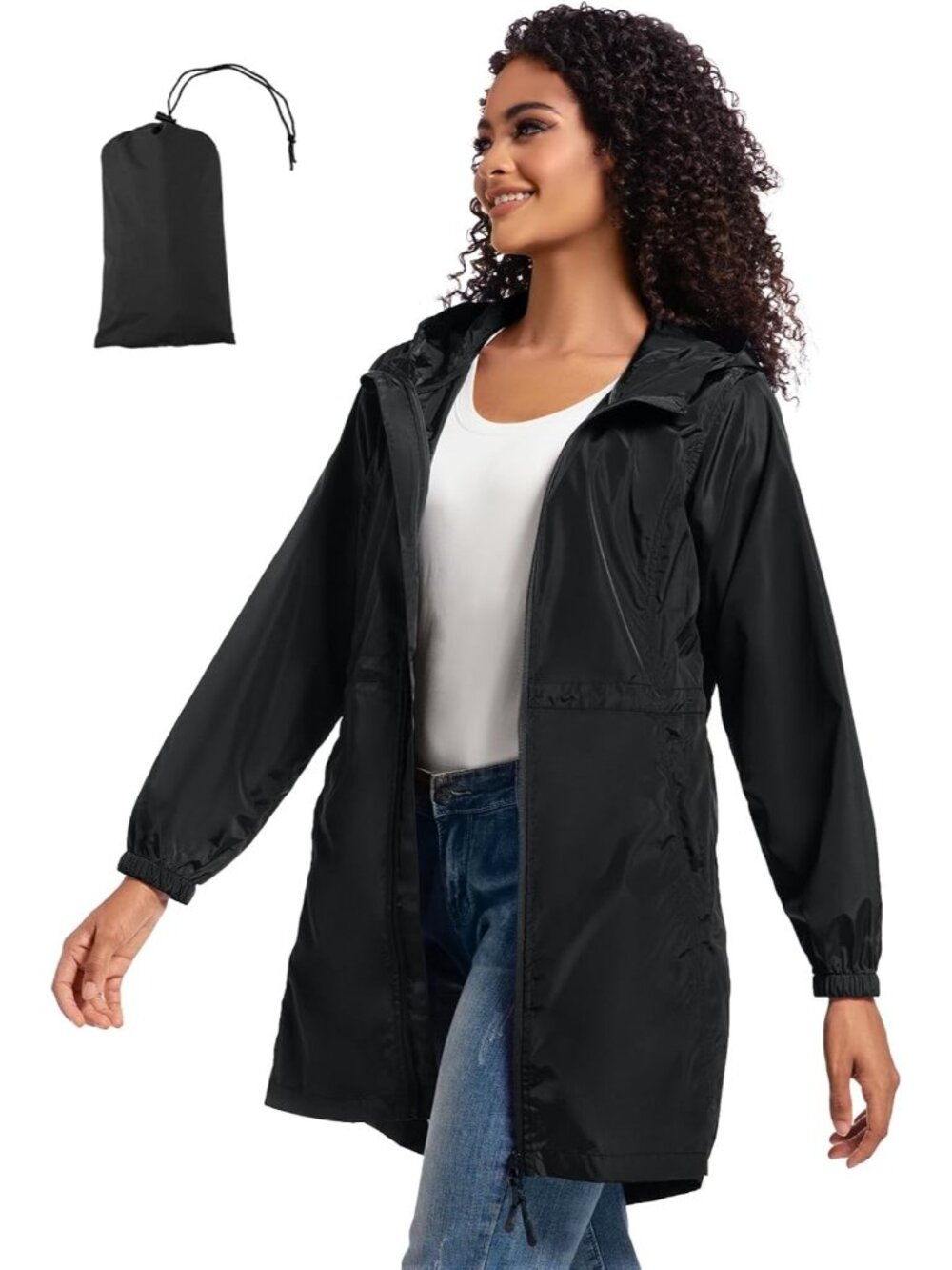 Women's Black Hooded Waterproof Drawcord Waist Zip Pockets Packable Trench Coat